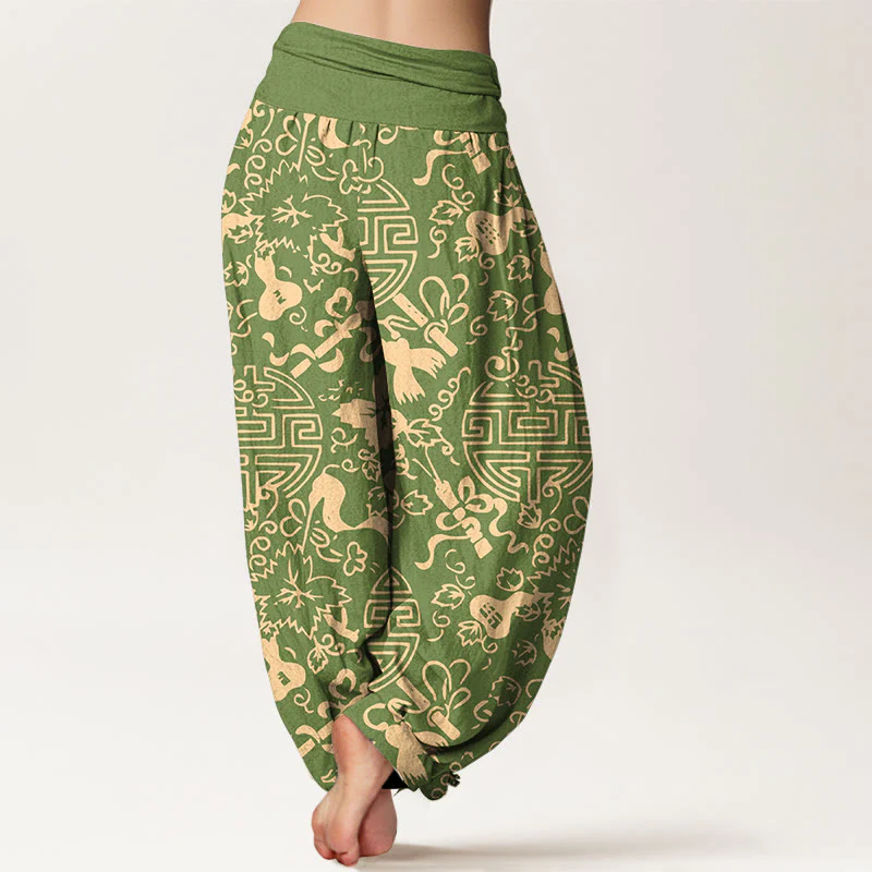 Pantaloni harem da donna con elastico in vita, in puro cotone, con motivo cinese a zucca Buddha Stones - Image 7