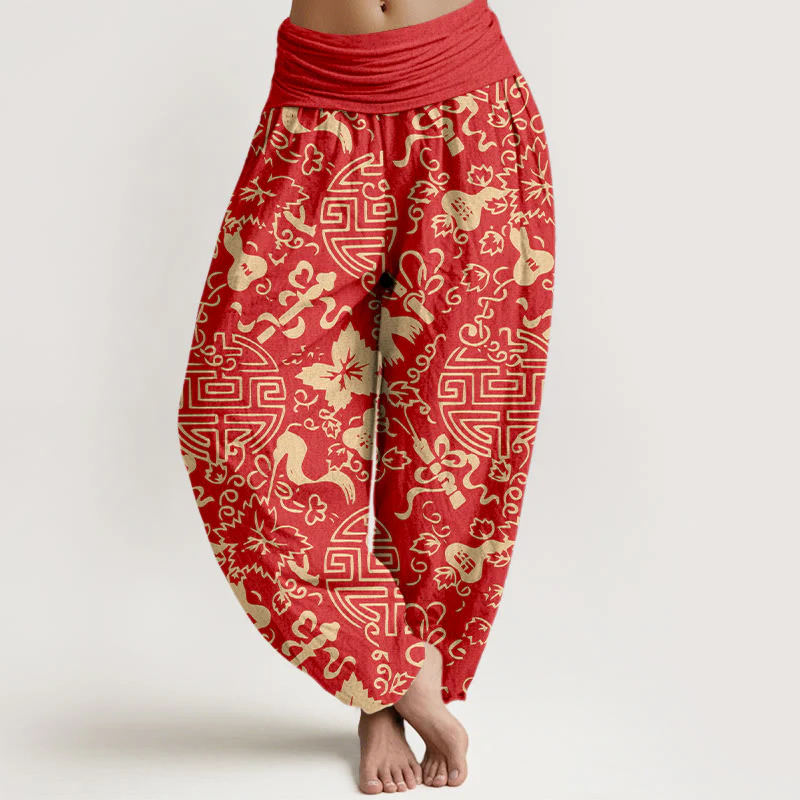 Pantaloni harem da donna con elastico in vita, in puro cotone, con motivo cinese a zucca Buddha Stones - Image 9
