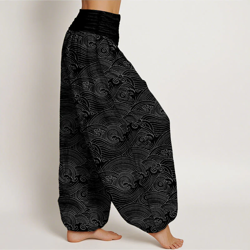 Pantaloni harem da donna con elastico in vita, in puro cotone, con motivo Fu e onde dell'oceano, motivo Buddha Stones - Image 11