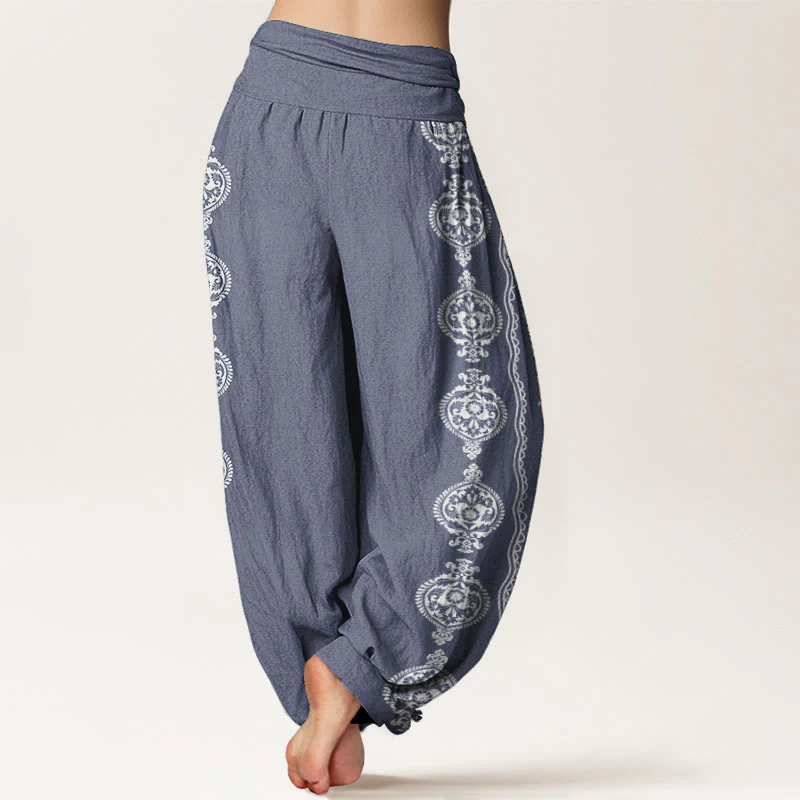 Pantaloni harem da donna con elastico in vita, in puro cotone, con motivo mandala Om Mani Padme Hum Buddha Stones - Image 3