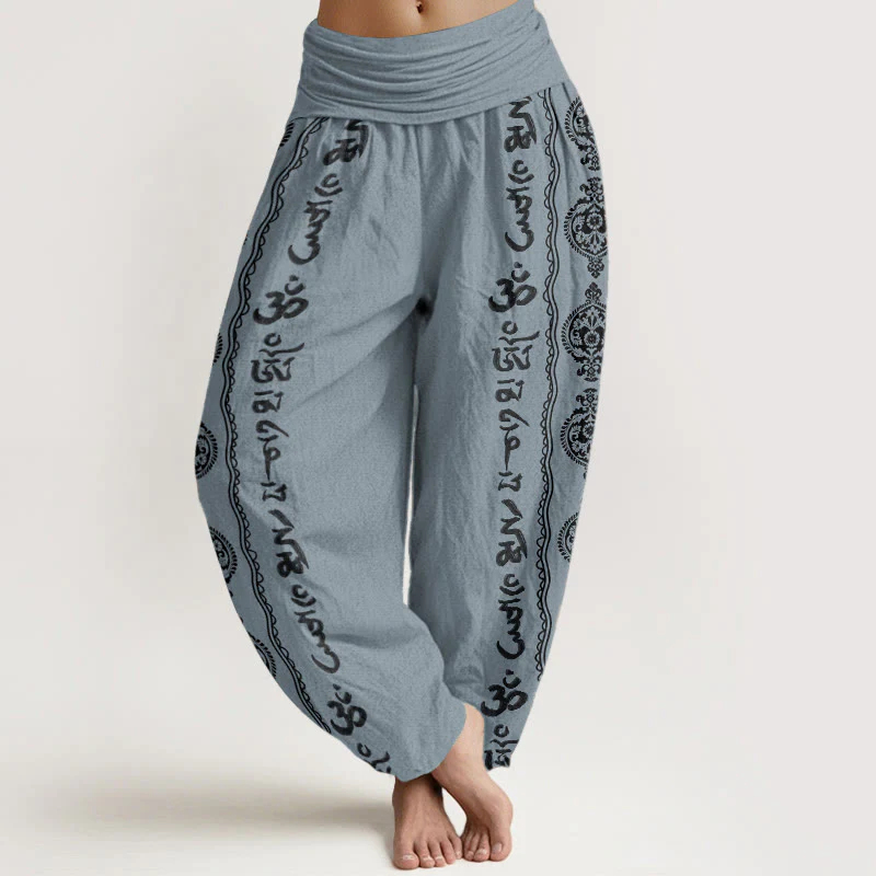 Pantaloni harem da donna con elastico in vita, in puro cotone, con motivo mandala Om Mani Padme Hum Buddha Stones - Image 9