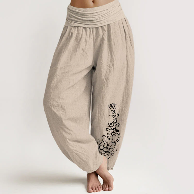 Pantaloni harem da donna con elastico in vita, in puro cotone, con motivo Om Mani Padme Hum Lotus, motivo Buddha Stones - Image 12