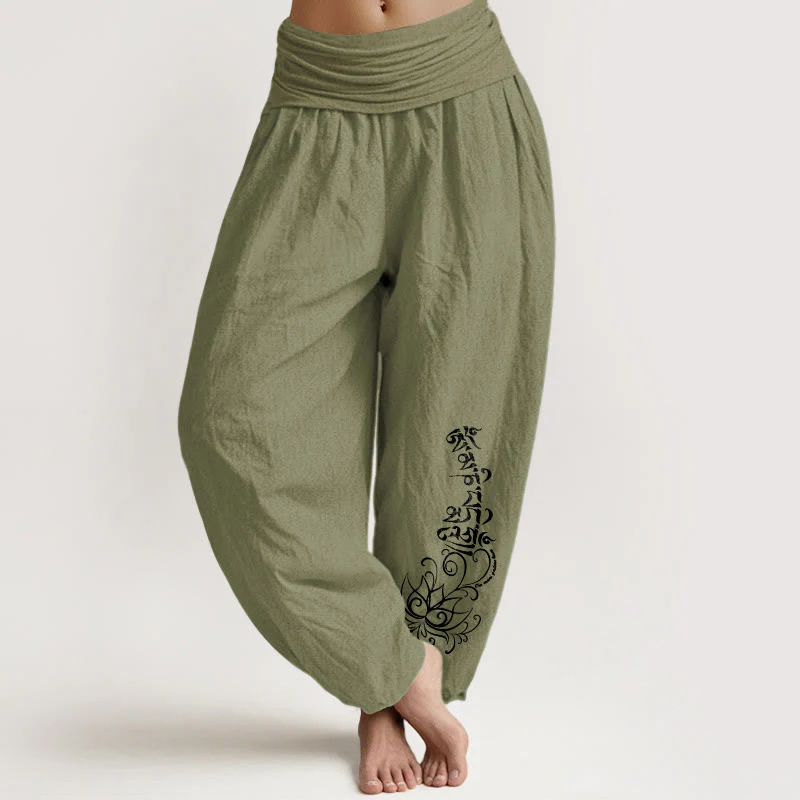 Pantaloni harem da donna con elastico in vita, in puro cotone, con motivo Om Mani Padme Hum Lotus, motivo Buddha Stones - Image 15