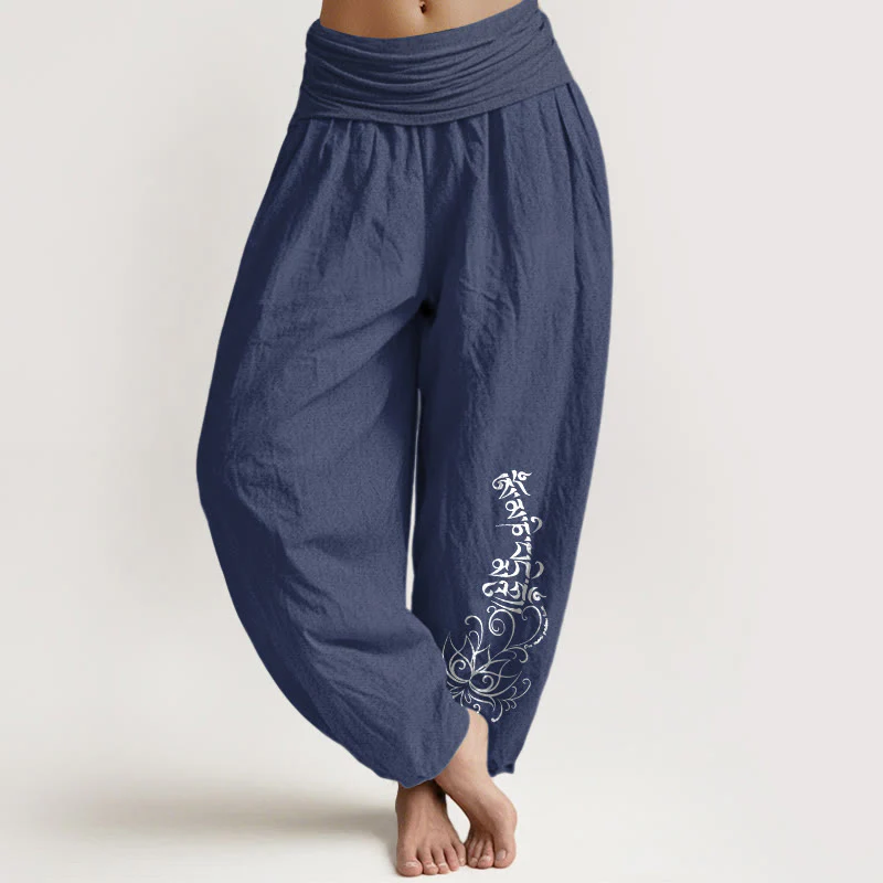 Pantaloni harem da donna con elastico in vita, in puro cotone, con motivo Om Mani Padme Hum Lotus, motivo Buddha Stones - Image 6