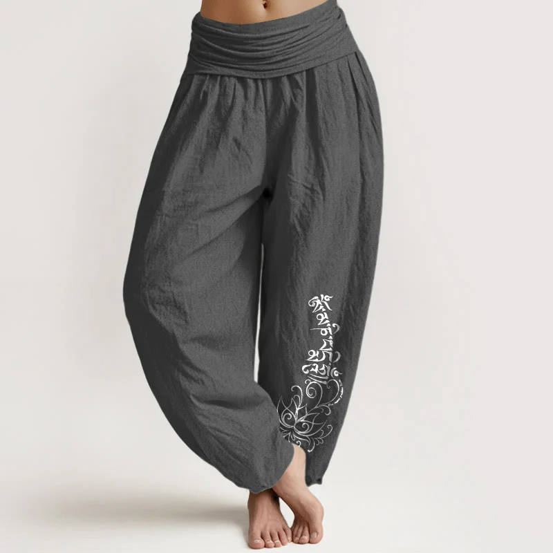 Pantaloni harem da donna con elastico in vita, in puro cotone, con motivo Om Mani Padme Hum Lotus, motivo Buddha Stones - Image 9
