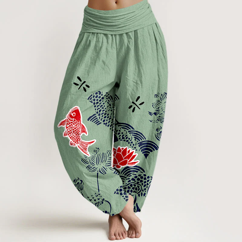 Pantaloni harem da donna con elastico in vita, in puro cotone, con pesci koi e fiori di loto , Buddha Stones - Image 6