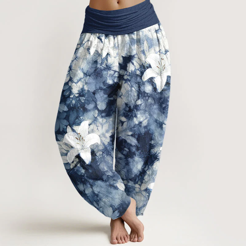 Pantaloni harem da donna con elastico in vita, in puro cotone, stile acquerello, motivo giglio , Buddha Stones
