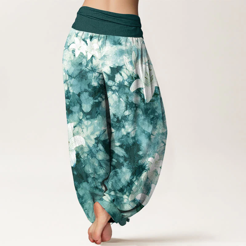Pantaloni harem da donna con elastico in vita, in puro cotone, stile acquerello, motivo giglio , Buddha Stones - Image 10