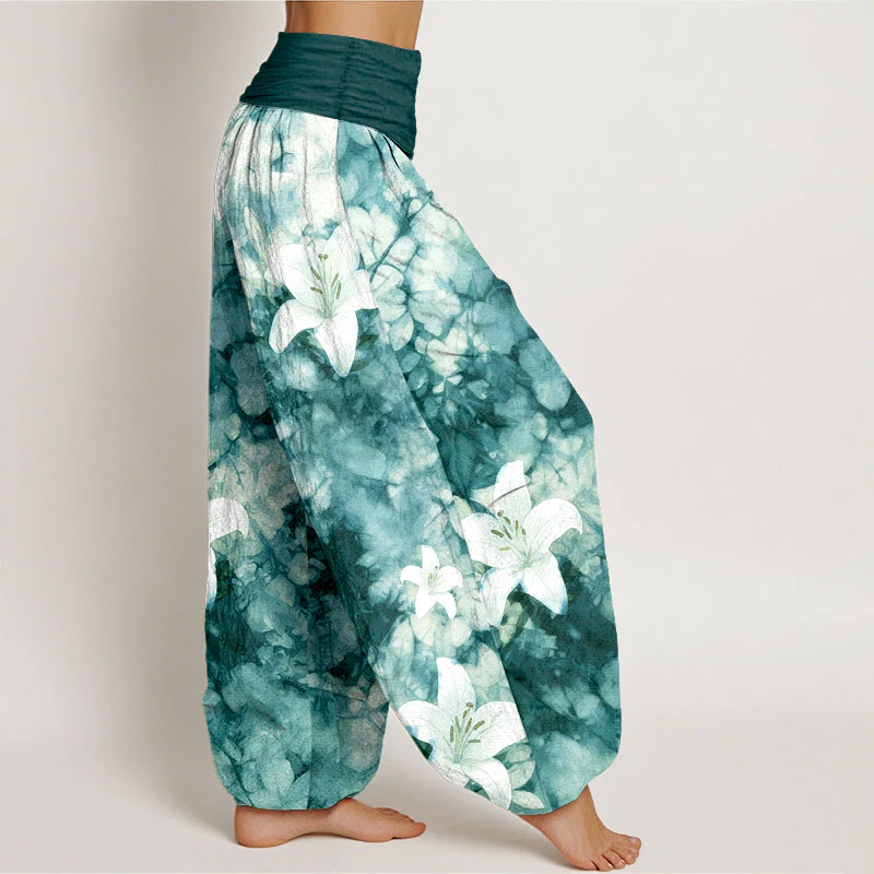 Pantaloni harem da donna con elastico in vita, in puro cotone, stile acquerello, motivo giglio , Buddha Stones - Image 11