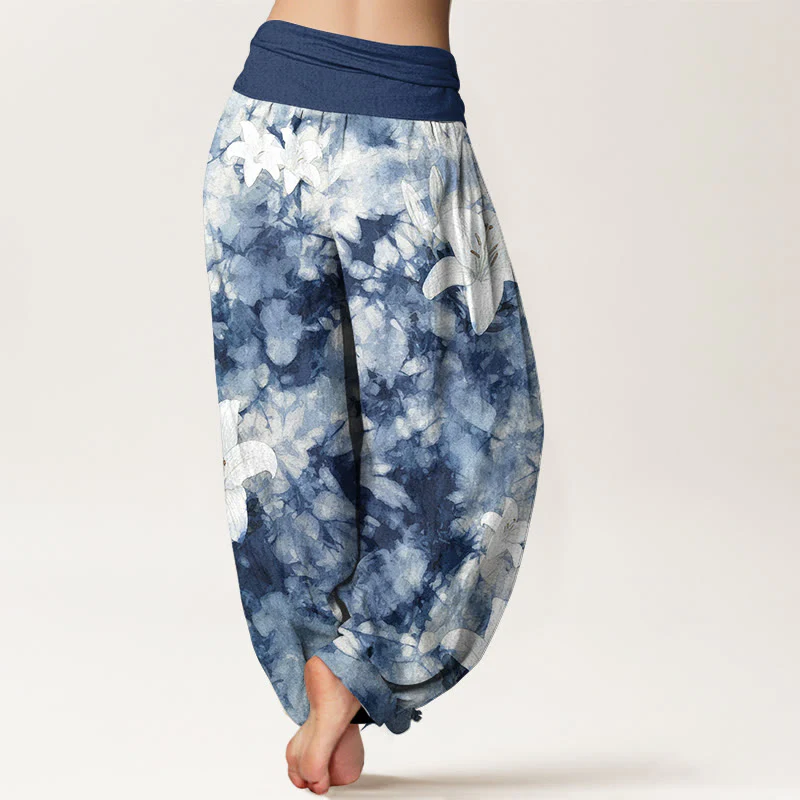 Pantaloni harem da donna con elastico in vita, in puro cotone, stile acquerello, motivo giglio , Buddha Stones - Image 2