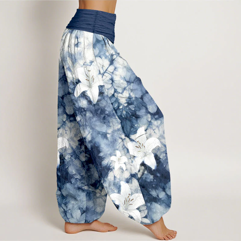 Pantaloni harem da donna con elastico in vita, in puro cotone, stile acquerello, motivo giglio , Buddha Stones - Image 3