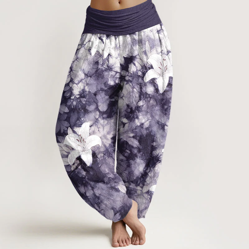 Pantaloni harem da donna con elastico in vita, in puro cotone, stile acquerello, motivo giglio , Buddha Stones - Image 6