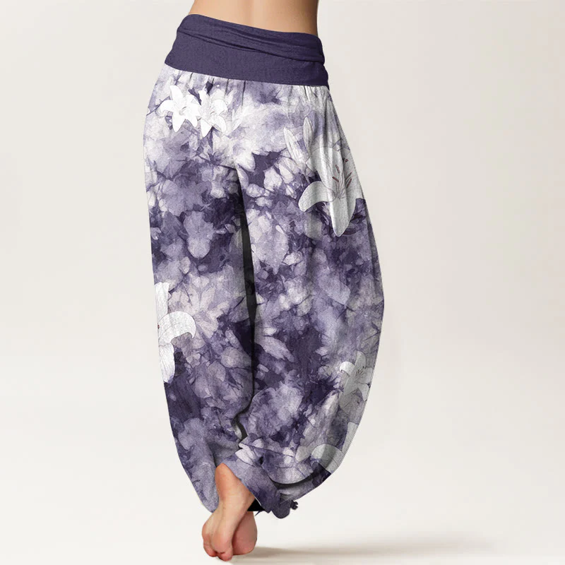 Pantaloni harem da donna con elastico in vita, in puro cotone, stile acquerello, motivo giglio , Buddha Stones - Image 7