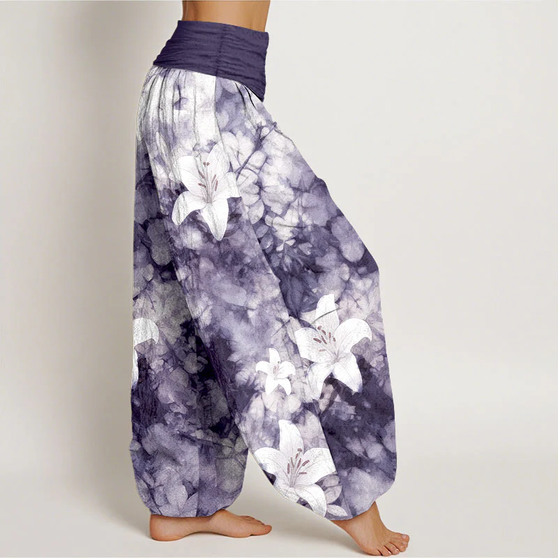 Pantaloni harem da donna con elastico in vita, in puro cotone, stile acquerello, motivo giglio , Buddha Stones - Image 8