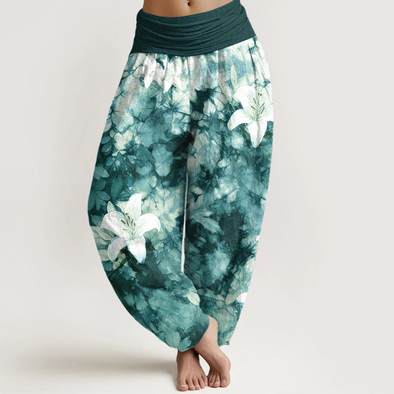 Pantaloni harem da donna con elastico in vita, in puro cotone, stile acquerello, motivo giglio , Buddha Stones - Image 9