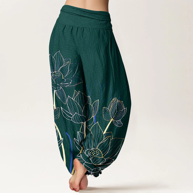 Pantaloni harem da donna con elastico in vita, in puro cotone, stile minimalista, motivo a baccello di fiore di loto , Buddha Stones - Image 10