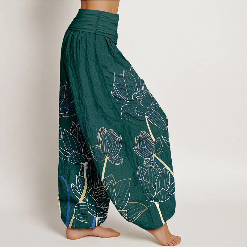 Pantaloni harem da donna con elastico in vita, in puro cotone, stile minimalista, motivo a baccello di fiore di loto , Buddha Stones - Image 11