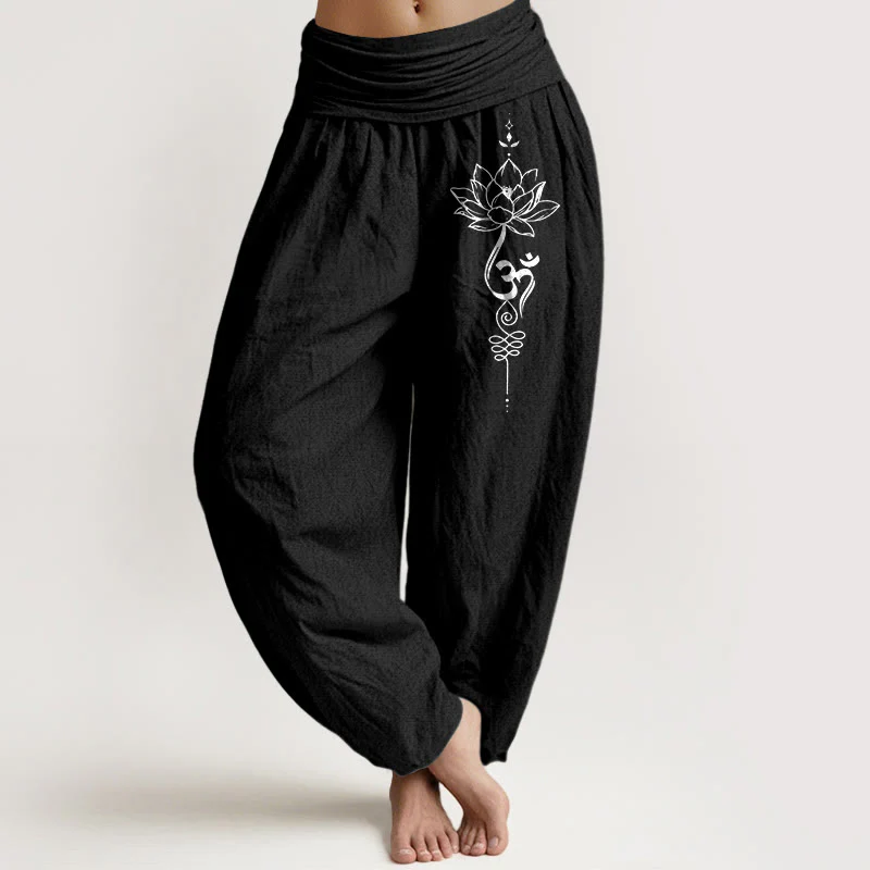 Pantaloni harem da donna con elastico in vita, in puro cotone, stile minimalista, motivo con simbolo del loto Om, motivo Buddha Stones