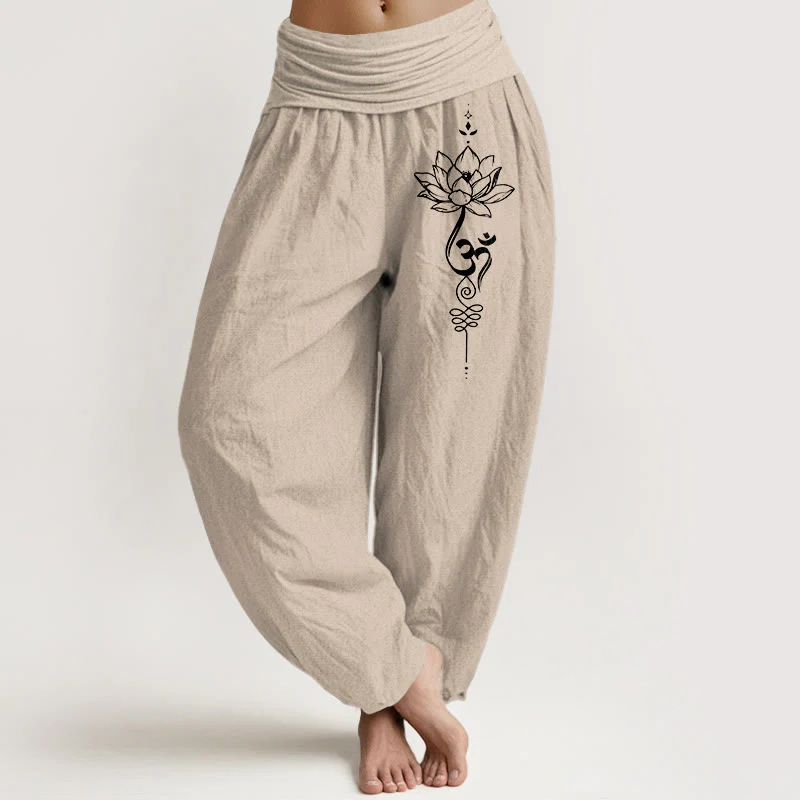 Pantaloni harem da donna con elastico in vita, in puro cotone, stile minimalista, motivo con simbolo del loto Om, motivo Buddha Stones - Image 12