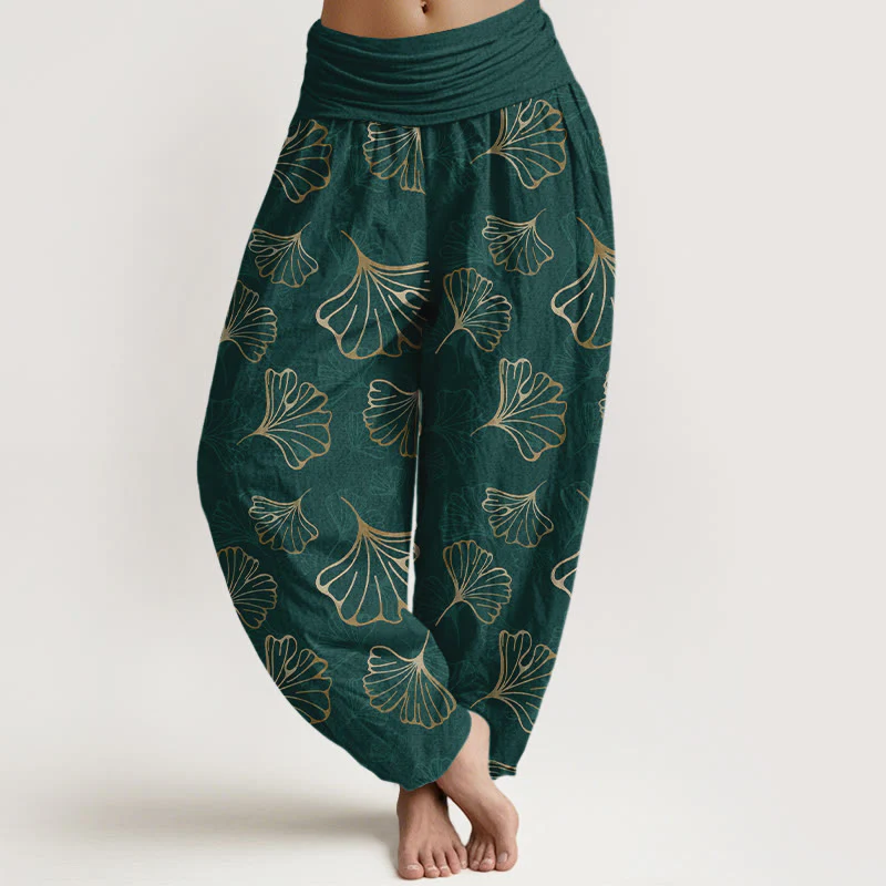 Pantaloni harem da donna con elastico in vita, in puro cotone, stile minimalista, motivo foglie di ginkgo, Buddha Stones
