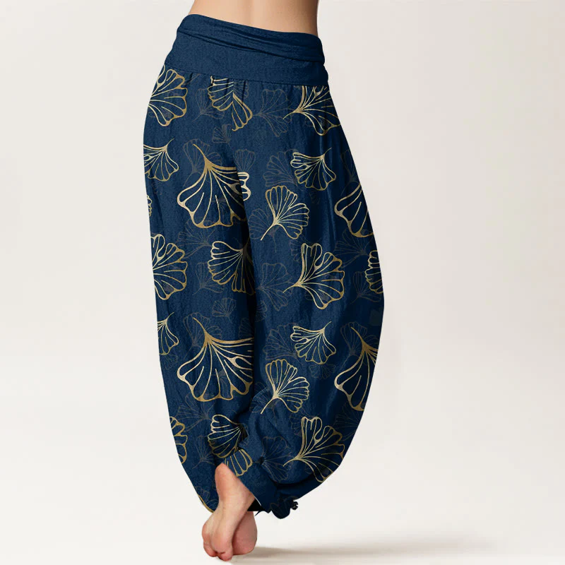Pantaloni harem da donna con elastico in vita, in puro cotone, stile minimalista, motivo foglie di ginkgo, Buddha Stones - Image 10