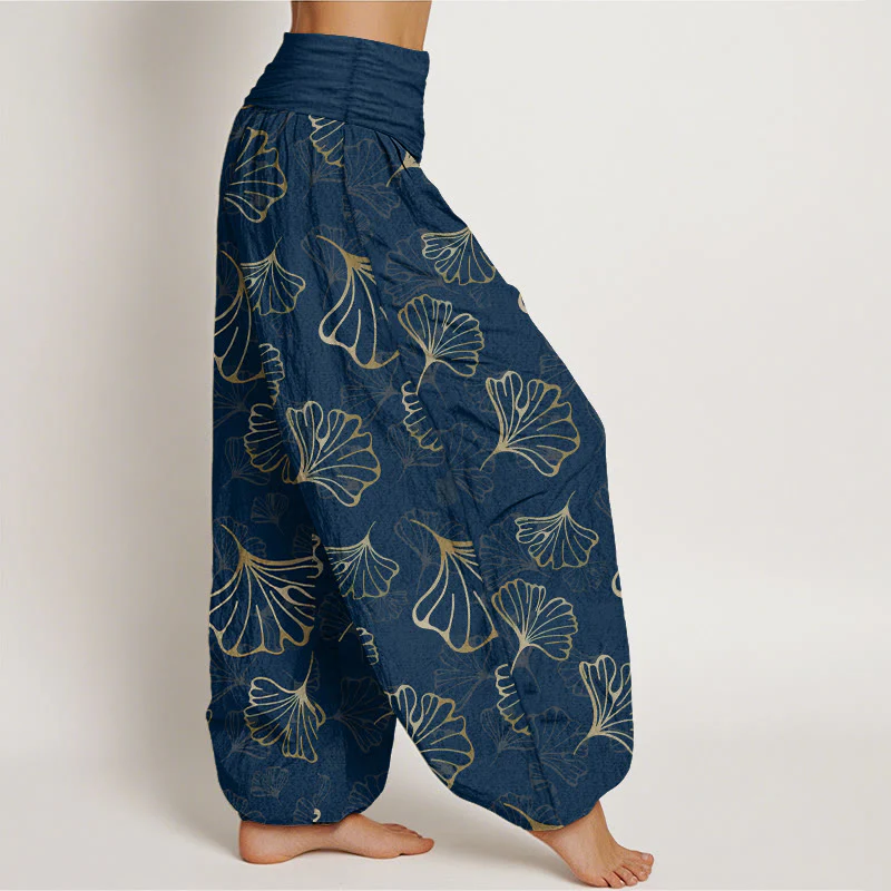 Pantaloni harem da donna con elastico in vita, in puro cotone, stile minimalista, motivo foglie di ginkgo, Buddha Stones - Image 11