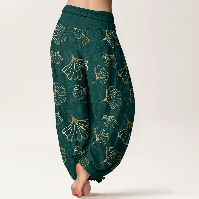 Pantaloni harem da donna con elastico in vita, in puro cotone, stile minimalista, motivo foglie di ginkgo, Buddha Stones - Image 2