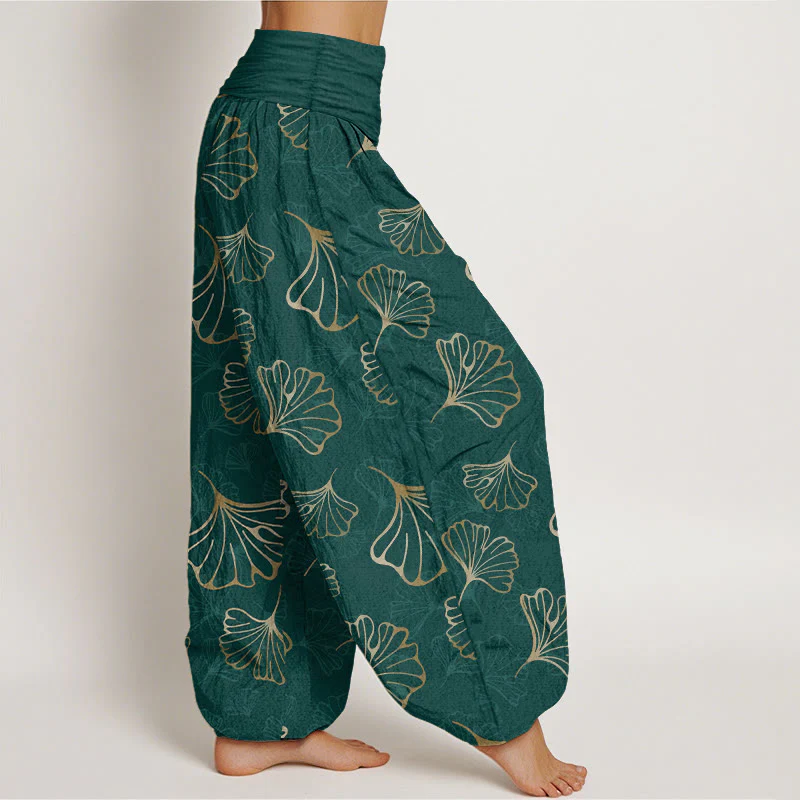 Pantaloni harem da donna con elastico in vita, in puro cotone, stile minimalista, motivo foglie di ginkgo, Buddha Stones - Image 3