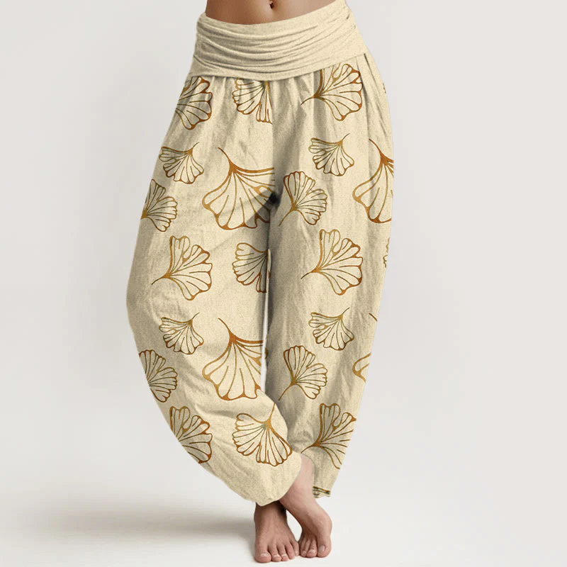 Pantaloni harem da donna con elastico in vita, in puro cotone, stile minimalista, motivo foglie di ginkgo, Buddha Stones - Image 6