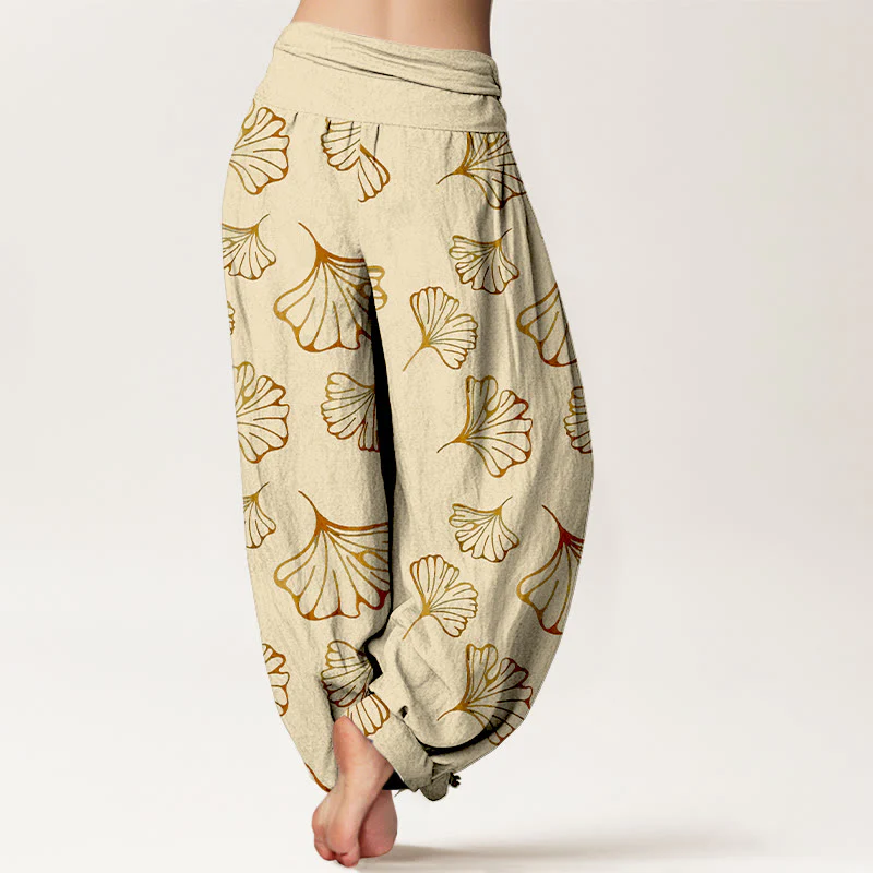 Pantaloni harem da donna con elastico in vita, in puro cotone, stile minimalista, motivo foglie di ginkgo, Buddha Stones - Image 7