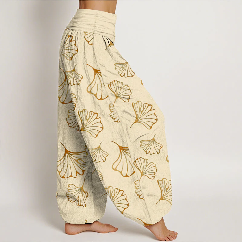 Pantaloni harem da donna con elastico in vita, in puro cotone, stile minimalista, motivo foglie di ginkgo, Buddha Stones - Image 8