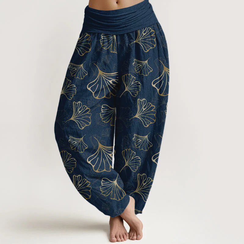 Pantaloni harem da donna con elastico in vita, in puro cotone, stile minimalista, motivo foglie di ginkgo, Buddha Stones - Image 9