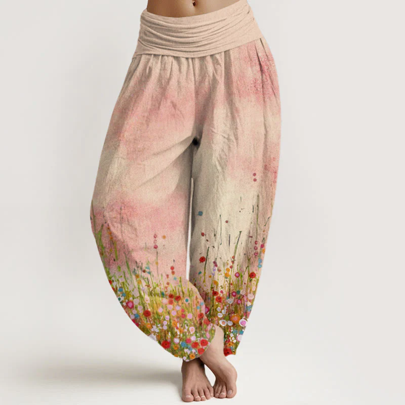 Pantaloni harem da donna con elastico in vita, in cotone, casual, con motivo di fiori selvatici colorati, motivo Buddha Stones