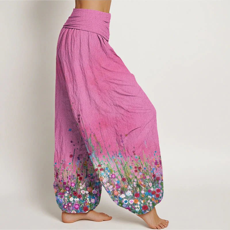Pantaloni harem da donna con elastico in vita, in cotone, casual, con motivo di fiori selvatici colorati, motivo Buddha Stones - Image 10