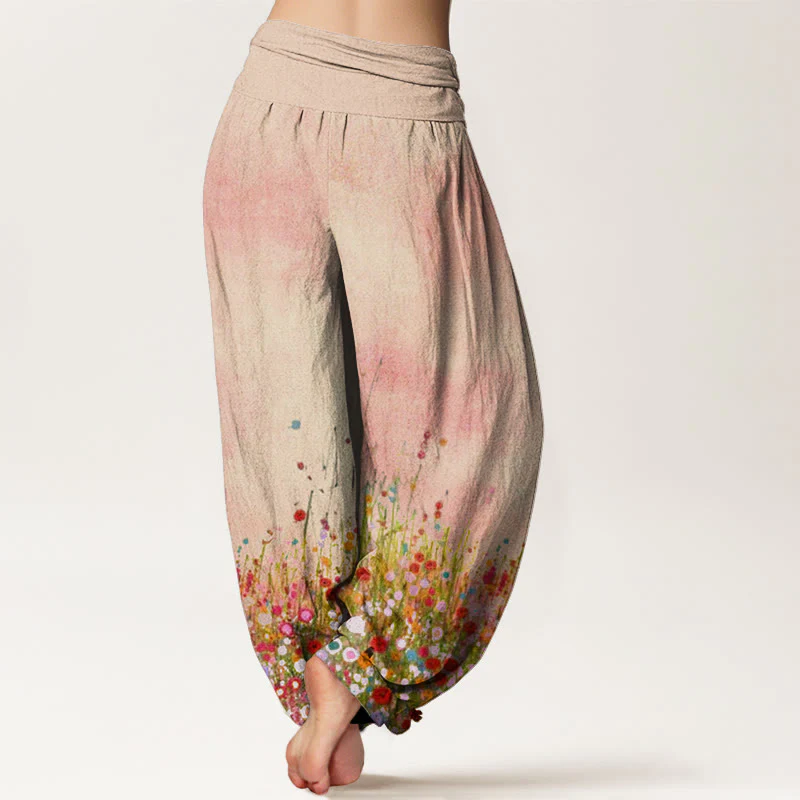 Pantaloni harem da donna con elastico in vita, in cotone, casual, con motivo di fiori selvatici colorati, motivo Buddha Stones - Image 2