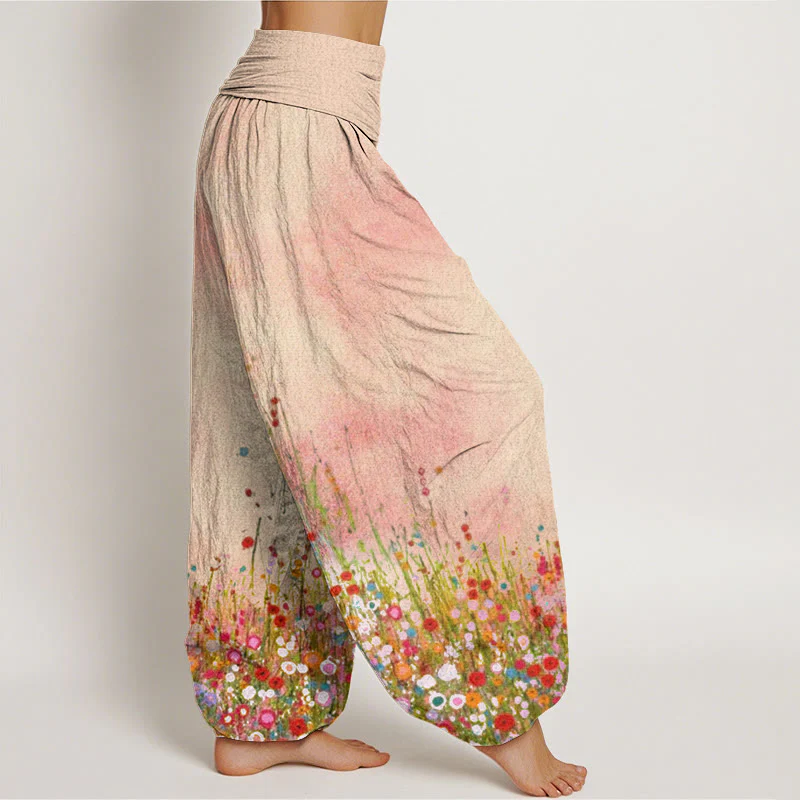 Pantaloni harem da donna con elastico in vita, in cotone, casual, con motivo di fiori selvatici colorati, motivo Buddha Stones - Image 3