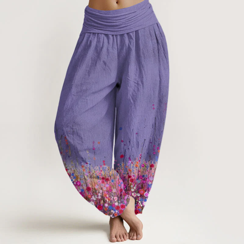 Pantaloni harem da donna con elastico in vita, in cotone, casual, con motivo di fiori selvatici colorati, motivo Buddha Stones - Image 5