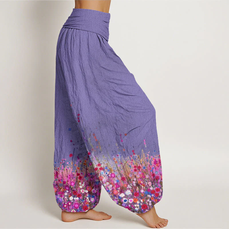 Pantaloni harem da donna con elastico in vita, in cotone, casual, con motivo di fiori selvatici colorati, motivo Buddha Stones - Image 7