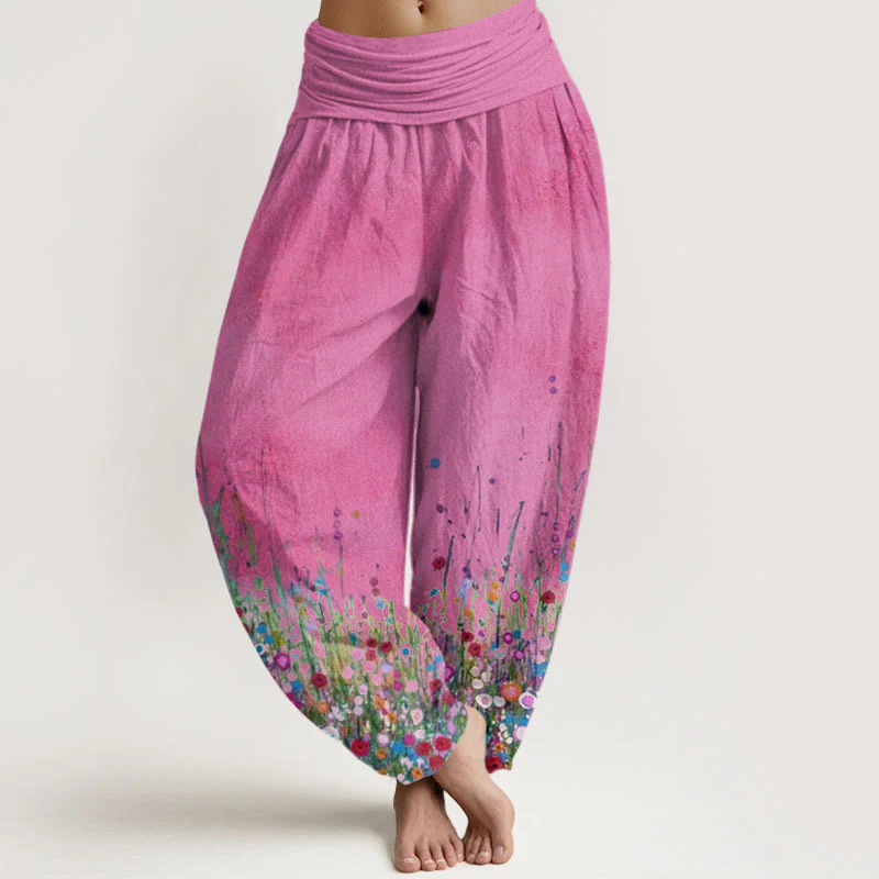 Pantaloni harem da donna con elastico in vita, in cotone, casual, con motivo di fiori selvatici colorati, motivo Buddha Stones - Image 8