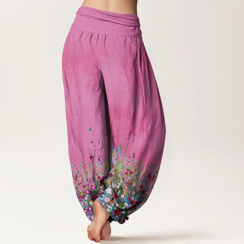 Pantaloni harem da donna con elastico in vita, in cotone, casual, con motivo di fiori selvatici colorati, motivo Buddha Stones - Image 9