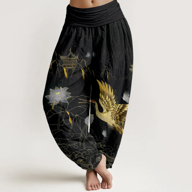 Pantaloni harem da donna con elastico in vita, modello Buddha Stones Cotton Crane Lotus Mountain Pavilion