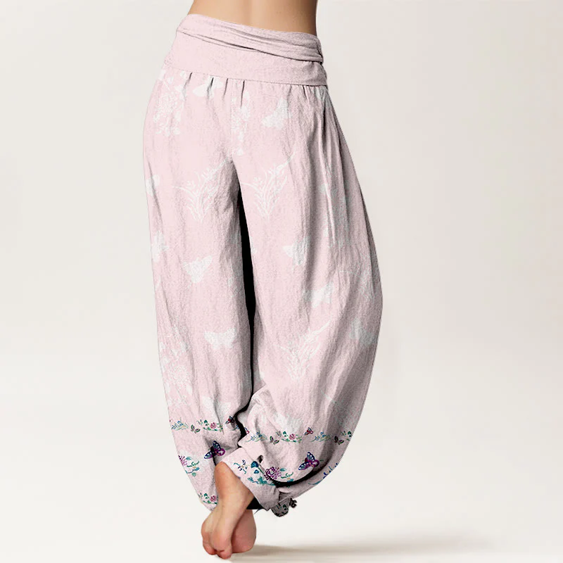Pantaloni harem da donna con elastico in vita, modello Buddha Stones in puro cotone, gambe disposte in modo ordinato, motivo a farfalla e fiori d'erba - Image 10
