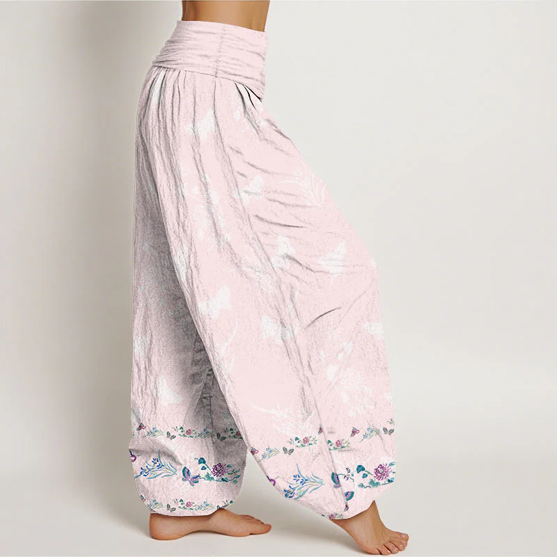 Pantaloni harem da donna con elastico in vita, modello Buddha Stones in puro cotone, gambe disposte in modo ordinato, motivo a farfalla e fiori d'erba - Image 11