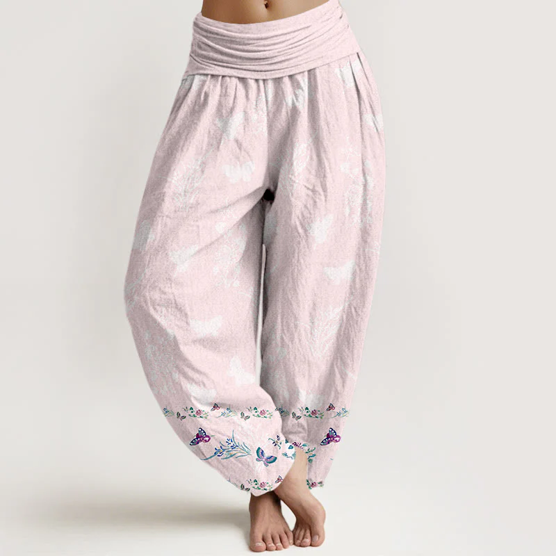 Pantaloni harem da donna con elastico in vita, modello Buddha Stones in puro cotone, gambe disposte in modo ordinato, motivo a farfalla e fiori d'erba - Image 9