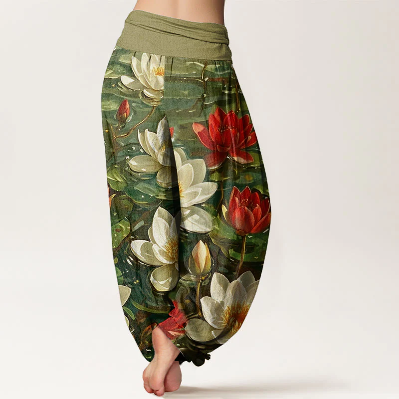 Pantaloni harem da donna con elastico in vita, in cotone, casual, con motivo a fiori di loto rosso in fiore, motivo Buddha Stones - Image 10