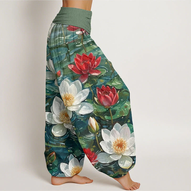 Pantaloni harem da donna con elastico in vita, in cotone, casual, con motivo a fiori di loto rosso in fiore, motivo Buddha Stones - Image 2