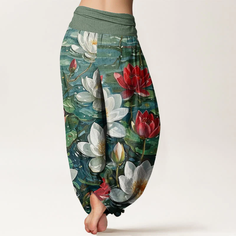 Pantaloni harem da donna con elastico in vita, in cotone, casual, con motivo a fiori di loto rosso in fiore, motivo Buddha Stones - Image 3