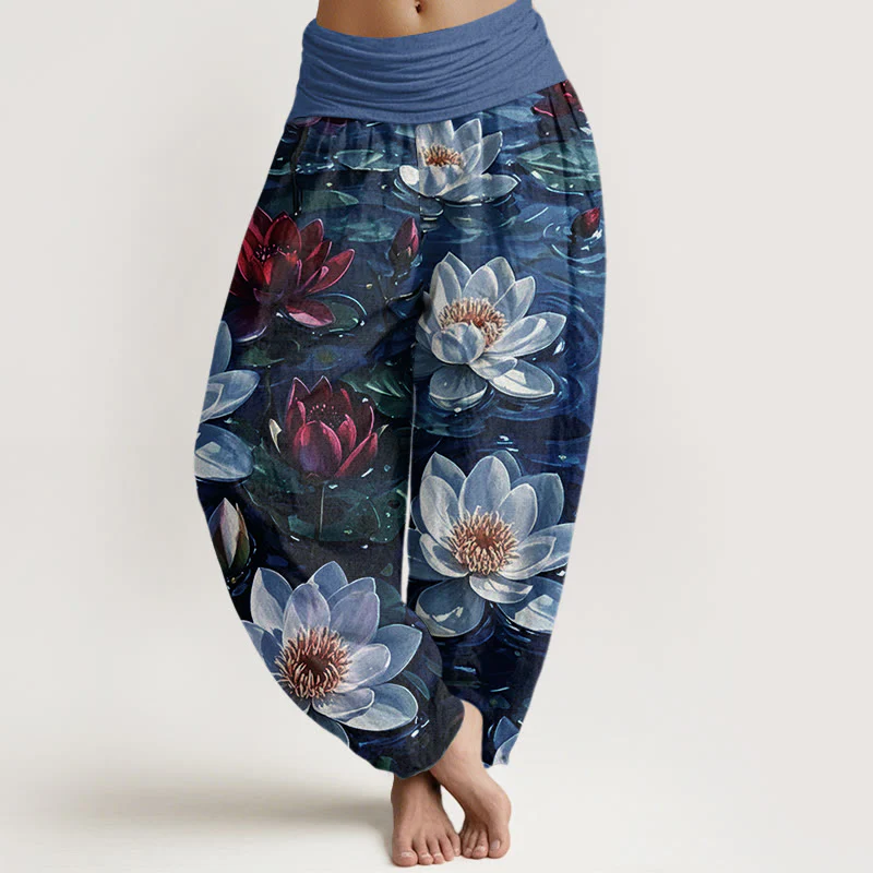 Pantaloni harem da donna con elastico in vita, in cotone, casual, con motivo a fiori di loto rosso in fiore, motivo Buddha Stones - Image 5