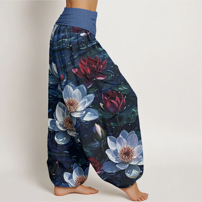 Pantaloni harem da donna con elastico in vita, in cotone, casual, con motivo a fiori di loto rosso in fiore, motivo Buddha Stones - Image 6