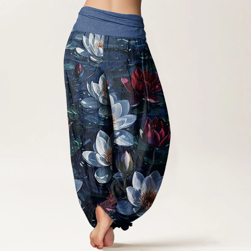 Pantaloni harem da donna con elastico in vita, in cotone, casual, con motivo a fiori di loto rosso in fiore, motivo Buddha Stones - Image 7